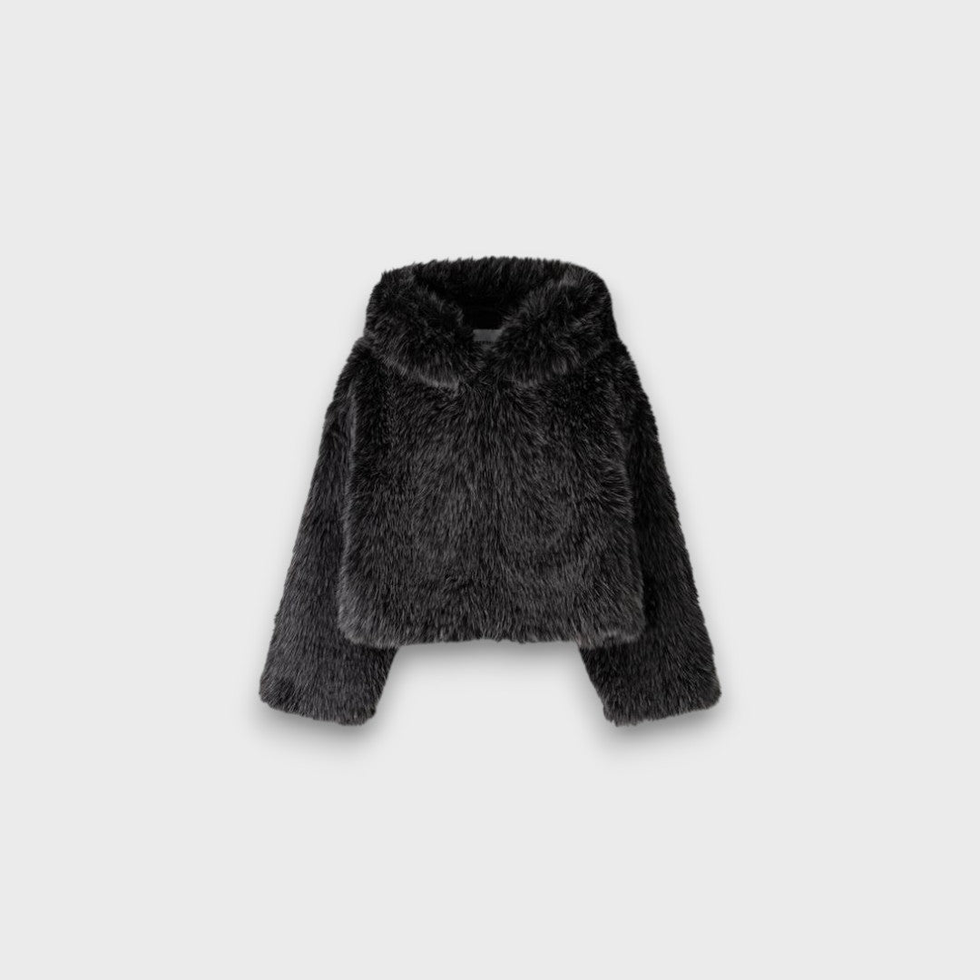 Leyana – Oversized jas van synthetische bont met capuchon in rookgrijs