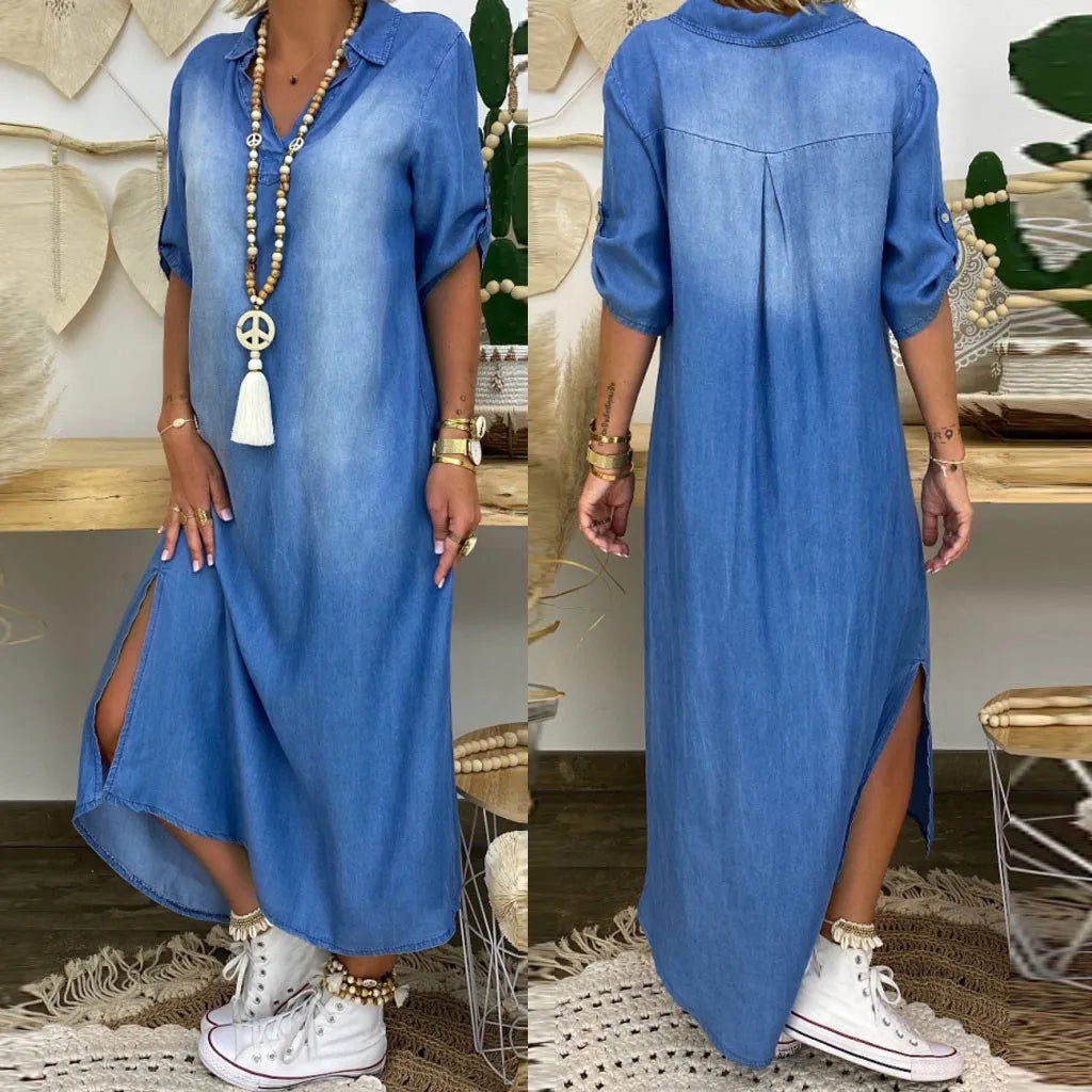 Koelman | Lange jurk in jeanslook met zijsplit