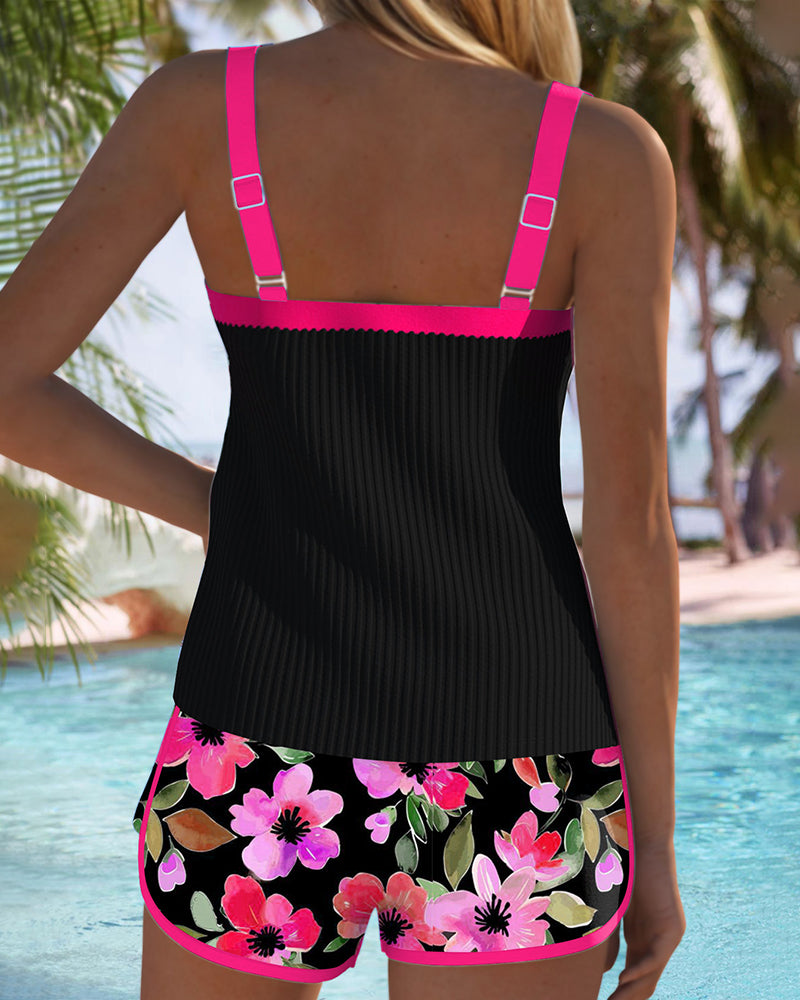 Lenny | Zwart bloemrijk tankini met strandshorts | Laatste dag 80 % korting!