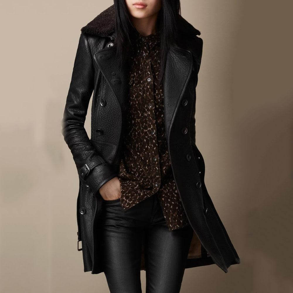 Mariella | Elegante zwarte leren trenchcoat