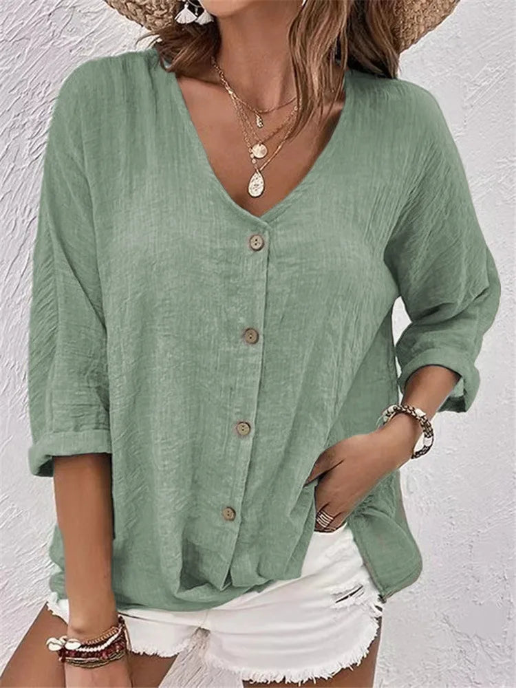 Fleur | Zomerse Linnen Bloes met Elegante Fijne Knoopsluiting voor een Frisse Look