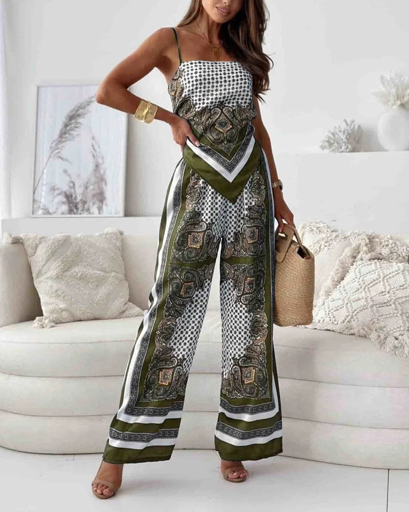 Alya | Elegante twee-delige set met gilet en geprinte broek met strikken